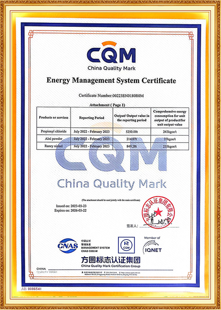 Certificado do Sistema de Gestão de Energia CQM concedido à Shandong Jiahong Chemical, afirmando o compromisso da empresa com práticas energéticas sustentáveis ​​na produção química