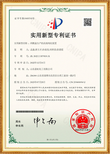 Certificado de patente de modelo de utilidade para um dispositivo de purificação eficiente para produção de cloreto de butila, concedido à Shandong Jiahong Chemical, destacando a inovação na tecnologia de processamento químico